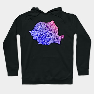 Colorful mandala art map of Romania with text in blue and violet Hoodie